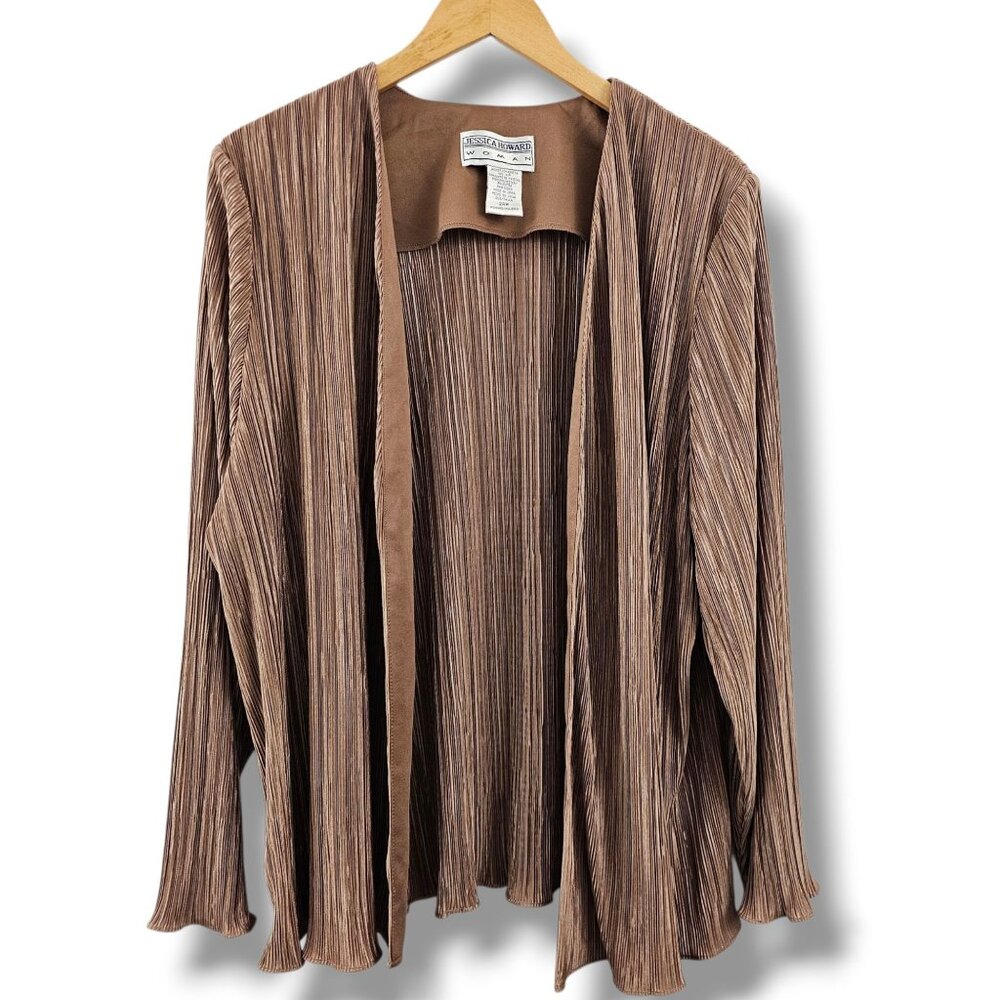 Jessica Howard‎ Woman Open Front Jacket Size 24W Gold Tan Pleated Dressy Evening